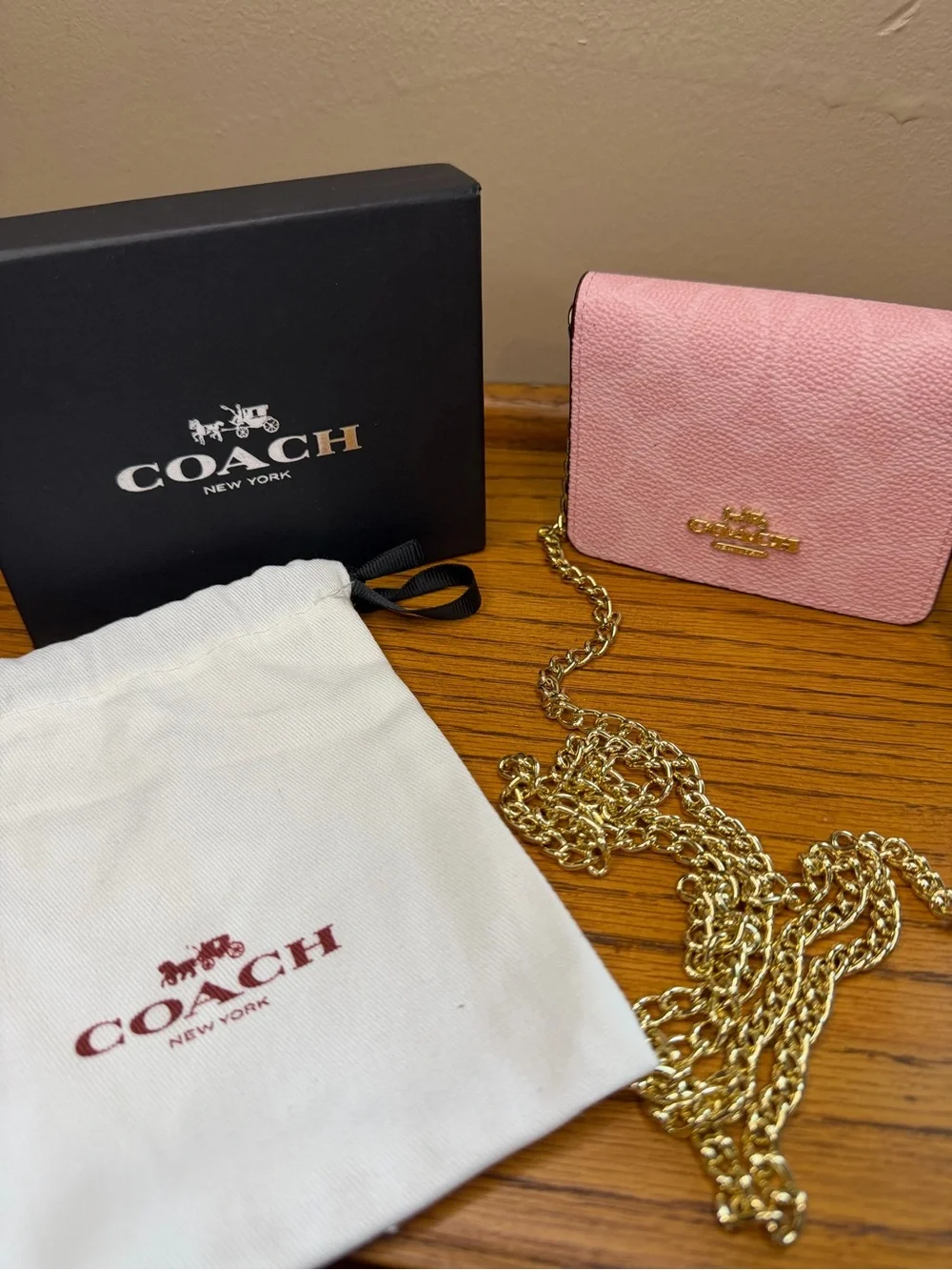 Coach Pink Pebbled Leather Mini Crossbody with Gold Chain